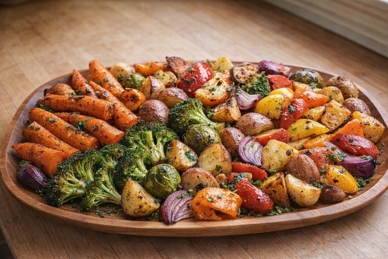 A top-down, brightly lit photo of perfectly roasted mixed vegetables on a wooden serving platter, displaying a variety of colors and textures